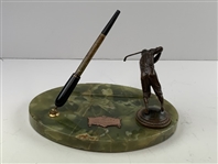 1930 Sheaffer Fountain Pen Art Deco Executive Desk Set with Bronze Golfer Figure on  Green Onyx Base