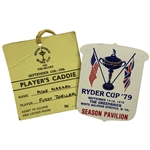 Two Pieces of Ryder Cup Golf Memorabilia Including a 1985 Players Caddie Pass and 1979 Season Pavilion Badge