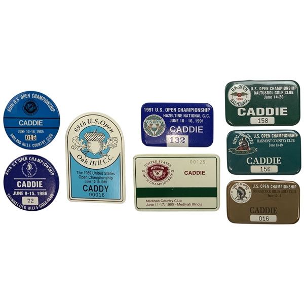 An Assortment of Eight Official United States Open Championship Caddie Badges (1985-1995)