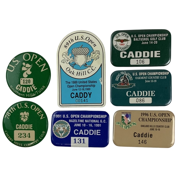 A Collection of Seven United States Open Championship Caddie Badges, 1977-1996