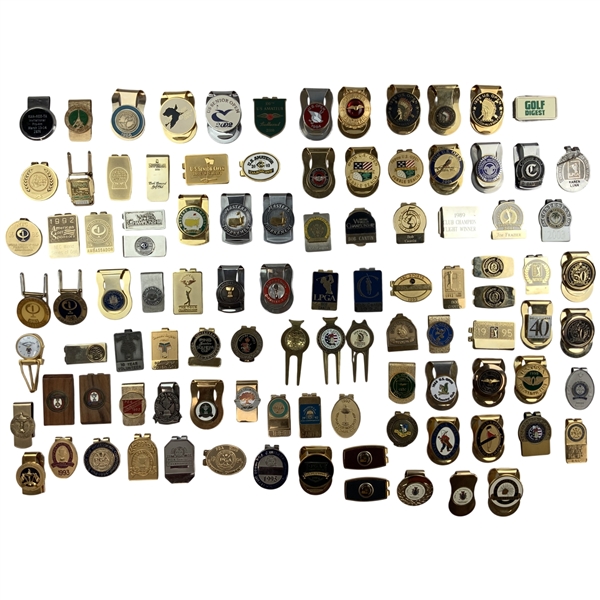 Large Collection of 100 Golf Badges, Money Clips & Divot Tools - Masters, US Open, Tiger Wins & More