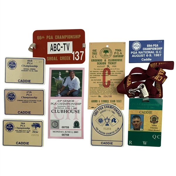 A Collection of Nine PGA and Senior PGA Championship Caddie Badges and Tournament Credentials