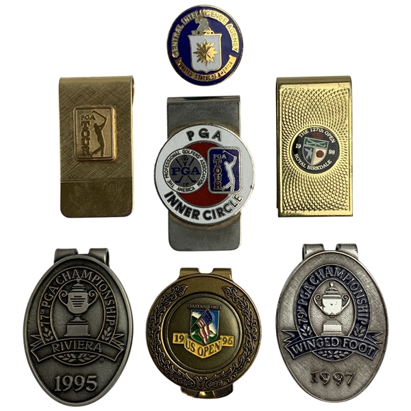 A Collection of Commemorative Golf Tournament Money Clips and a Central Intelligence Agency Lapel Pin