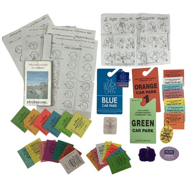 A Collection of The Open Championship Golf Memorabilia and Ephemera Including Caddie Credentials and Hole Location Sheets