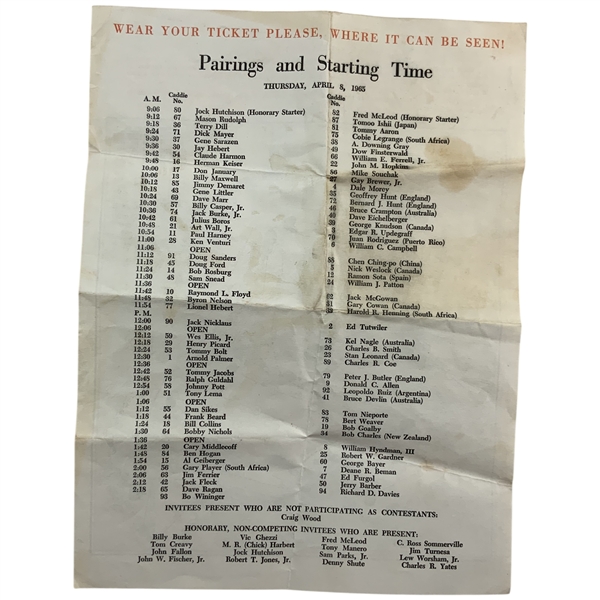1965 Masters Tournament Thursday Pairing Sheet and Augusta National Spectator Map