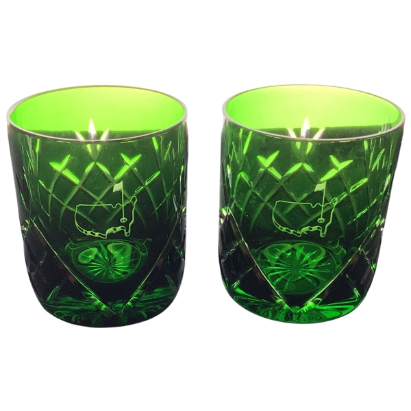 A Pair of Masters Tournament Green Crystal Double Old Fashioned Glasses