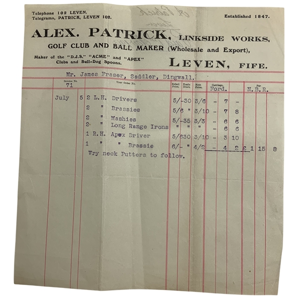 1913 Alex. Patrick Golf Club and Ball Maker Business Invoice and Receipt