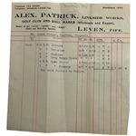 1913 Alex. Patrick Golf Club and Ball Maker Business Invoice and Receipt