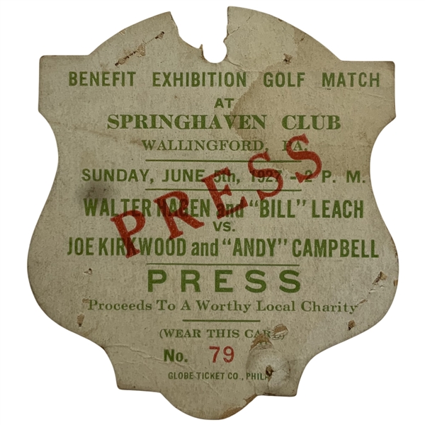 1927 Benefit Exhibition Golf Match Press Pass Walter Hagen and Joe Kirkwood Springhaven Club