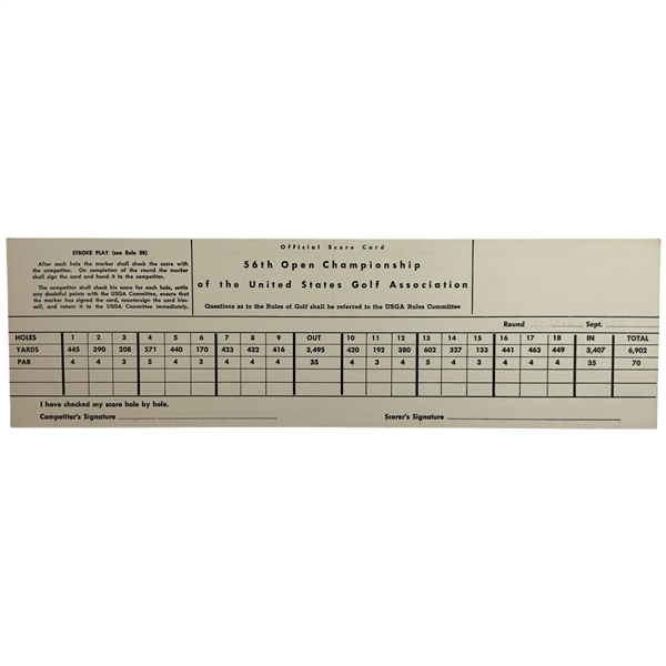 1956 U.S. Open Championship at Oak Hill Country Club Official Scorecard - Middlecoff Win