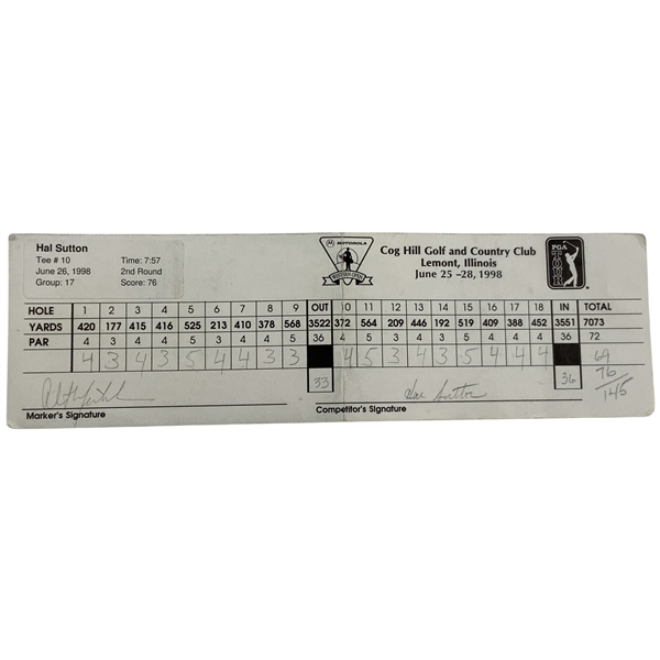 Sutton & Mickelson Signed 1998 Motorola Western Open Official PGA Tour Scorecard