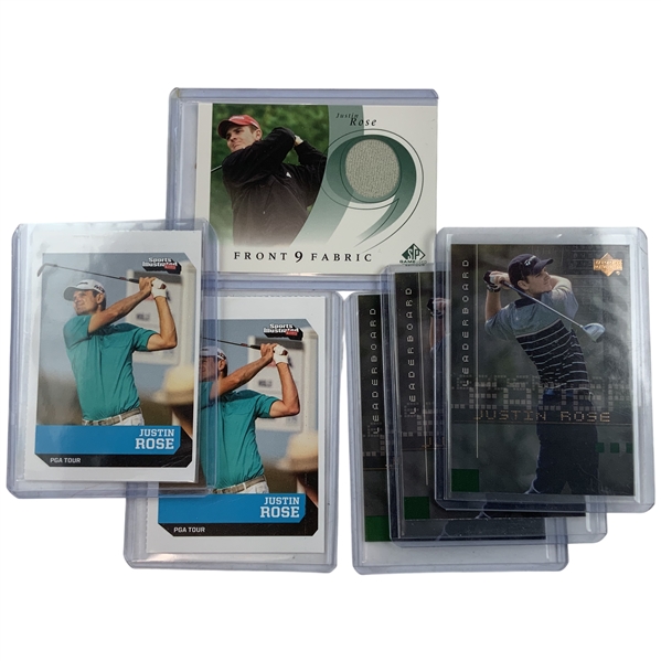 A Collection of Six Justin Rose Professional Golf Trading Cards Including 2002 Upper Deck Game Used Jersey Relic