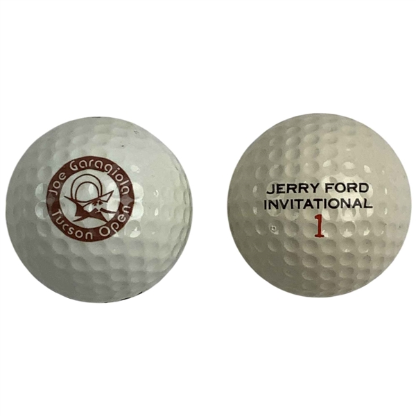 Two Vintage Commemorative Golf Balls Featuring Joe Garagiola Tucson Open and Jerry Ford Invitational