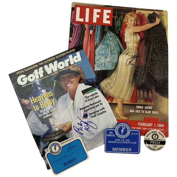 Betsy King & Dinah Shore Signed Magazines w/ (2) Dinah Shore Member Badges & Press Winners Circle Badge JSA ALOA
