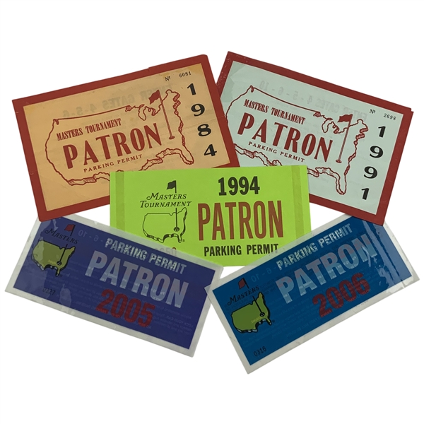 A Collection of (5) Vintage Masters Tournament Patron Parking Permits 1984-2006