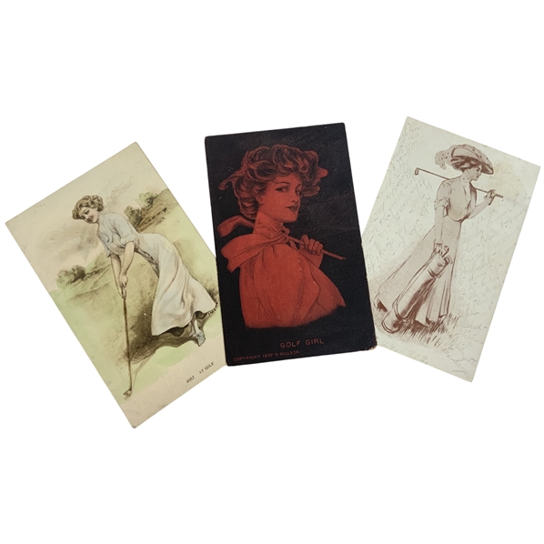 (3) Early 20th Century Illustrated Postcards Featuring Women Golfers