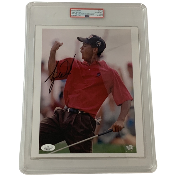Tiger Woods Signed 1996 US Amateur "Fist Pump" 8x10 Type III Photo W/ Dual PSA/DNA and JSA Authentication Auto 9!