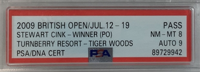 Tiger Woods Signed 2009 British Open Weekly Admission Guest Pass PSA NM-MT 8 Auto 9