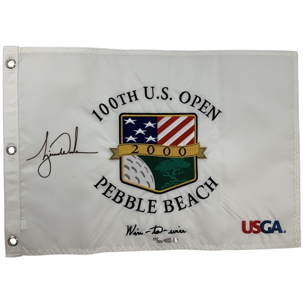 Tiger Woods Signed 2000 US Open Pebble Beach "Wire-to-Wire" Ltd Ed #55/500 Embroidered UDA Flag