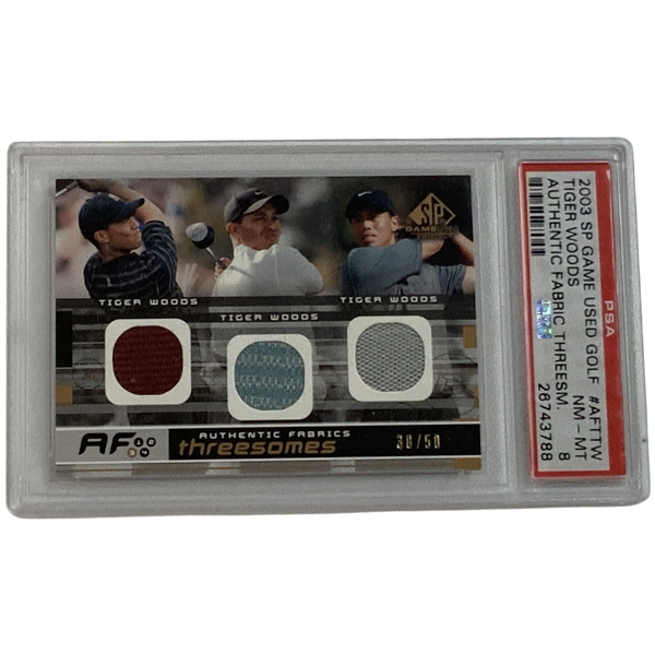 2003 Upper Deck SP Game Used Golf Tiger Woods Authentic Fabric Threesomes Triple Memorabilia Card Serial 38/50 PSA 8 NM-MT