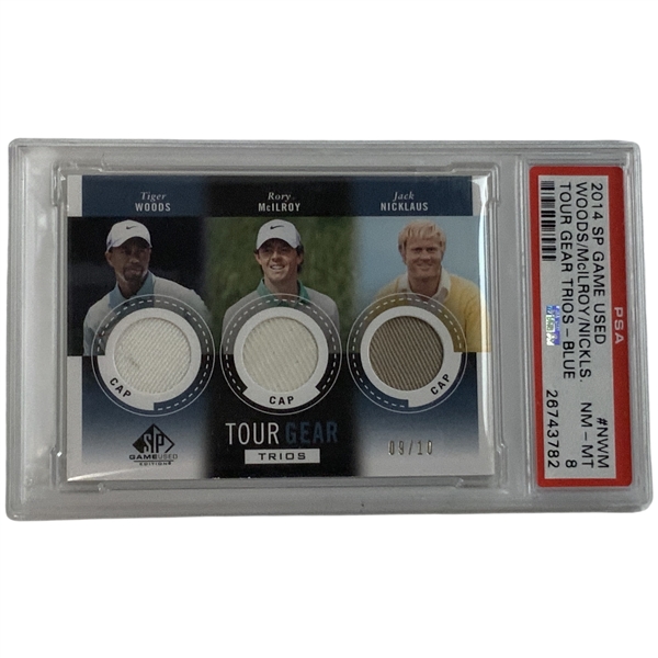 2014 SP Game Used Tour Gear Trios Blue Tiger Woods, Rory McIlroy (RC) & Jack Nicklaus Ltd SSP #09/10 Card PSA 8