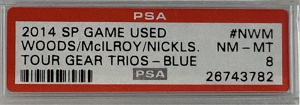 2014 SP Game Used Tour Gear Trios Blue Tiger Woods, Rory McIlroy (RC) & Jack Nicklaus Ltd SSP #09/10 Card PSA 8