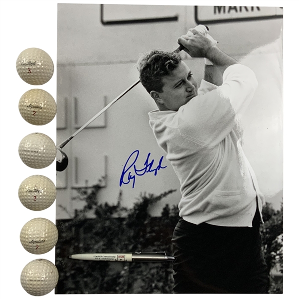 Ray Floyd Signed 1969 PGA Championship Photograph, Commemorative Parker Yardage Pen, and Vintage Signature Golf Balls JSA ALOA