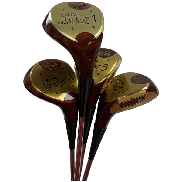 Set of Four Palmer Peerless Chattanooga Densitized Persimmon Wood Golf Clubs