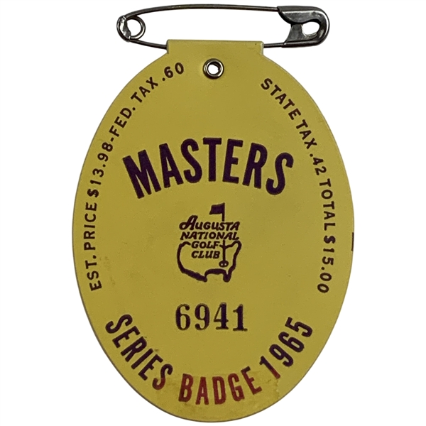 1965 Masters Tournament SERIES Badge #6941 - Jack Nicklaus Winner
