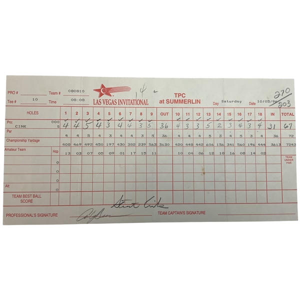 Stewart Cink & Andy Bean Signed 1996 Las Vegas Invitational Official Scorecard - Tigers 1st Pro Win