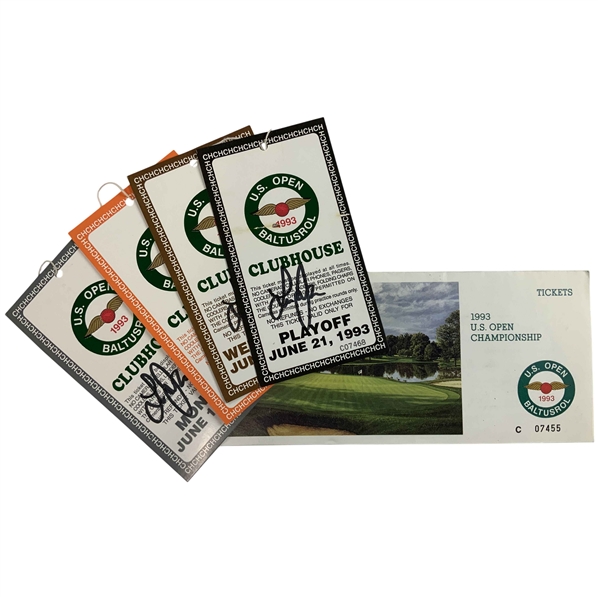 A Collection of Four Lee Janzen Signed 1993 U.S. Open Clubhouse Admission Badges and Ticket Envelope JSA ALOA