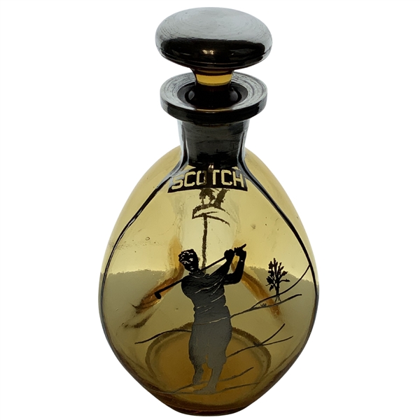 Stunning Amber Glass Pinch-Form Scotch Decanter with Silver Golfing Overlay