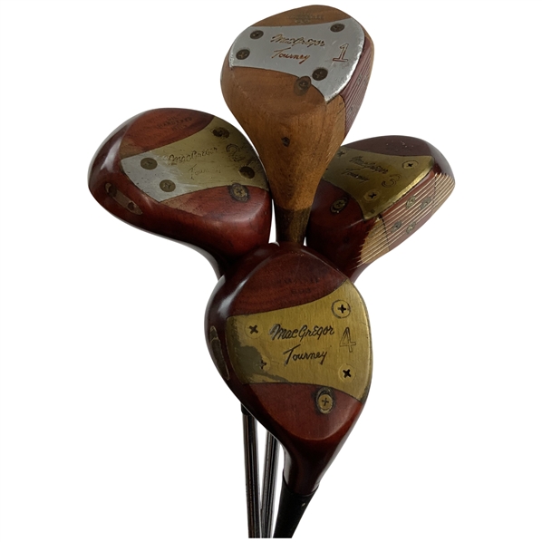 A Set of Four Vintage MacGregor Tourney Tommy Armour Signature Persimmon Wood Golf Clubs