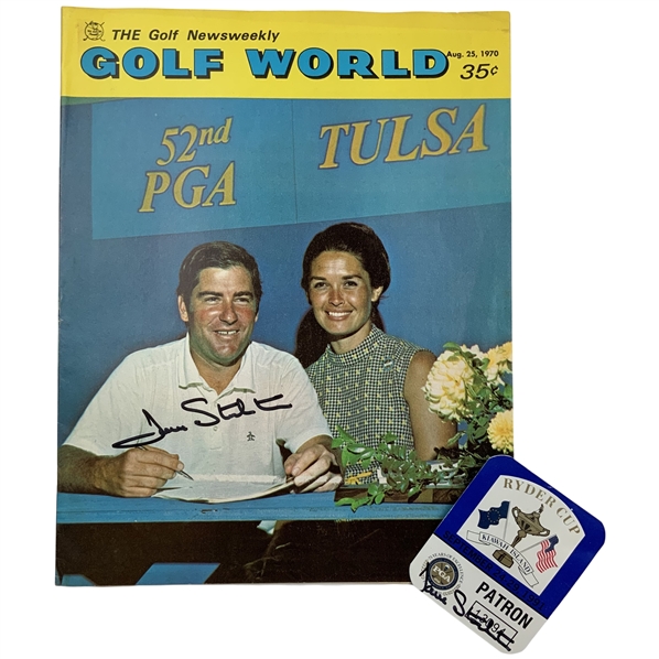 Dave Stockton Signed 1970 Golf World Magazine & 1991 Ryder Cup Patron Badge JSA ALOA