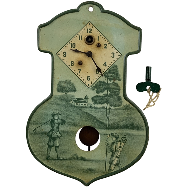 Vintage Lux Clock Manufacturing Co. Golf Theme Lithographed Metal Pendulet Wall Clock