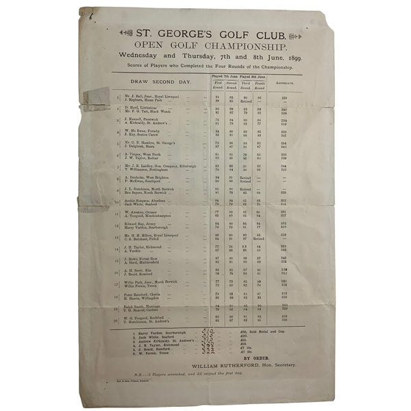 Scarce 1899 Open Championship at St. Georges Program w/ Pairings - Harry Vardon Win