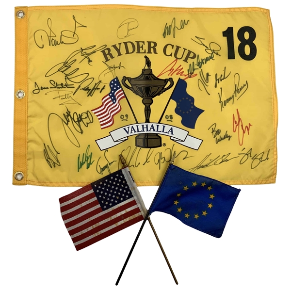 US & Europe 26x Signed 2008 Ryder Cup at Valhalla Flag w/ Flags JSA ALOA