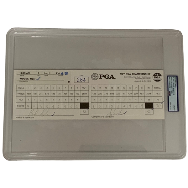 Tiger Woods Actual 2013 PGA Championship w/ Brooks Koepka Marker Official Signed Scorecard - PSA/DNA Mint
