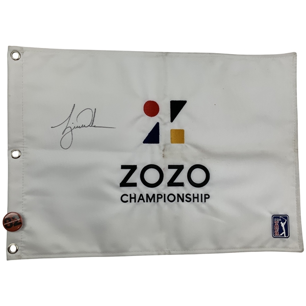 Tiger Woods Signed 2019 ZOZO Championship Golf Pin Flag with 82nd Career Victory Commemorative Button JSA ALOA