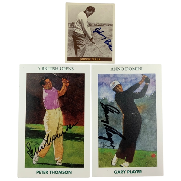 Johnny Bulla, Peter Thomson & Gary Player Signed Cards JSA