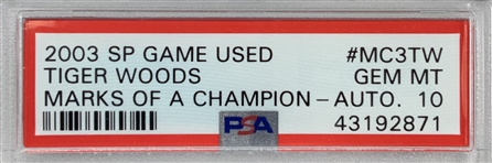 Tiger Woods Signed 2003 UD SP Game Used Marks of a Champion Card Serial Numbered 14/15 PSA GEM MT 10 - Pop 1!