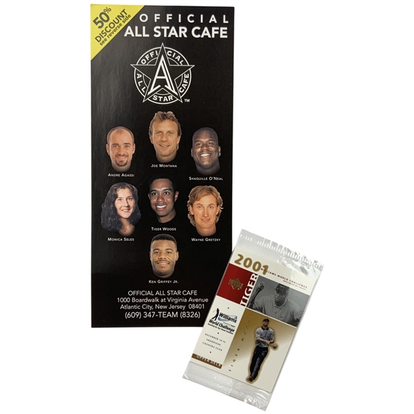 Two Tiger Woods Promotional Items Including 2001 Upper Deck Trading Card and 1997 Official All Star Cafe Flyer