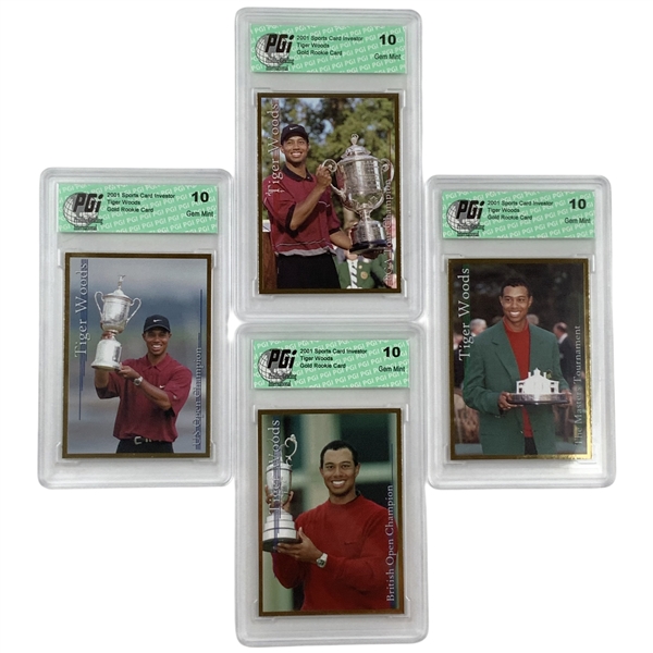 A Collection of four 2001 Sports Card Investor Tiger Woods Gold Rookie Cards Graded PGI 10 Gem Mint