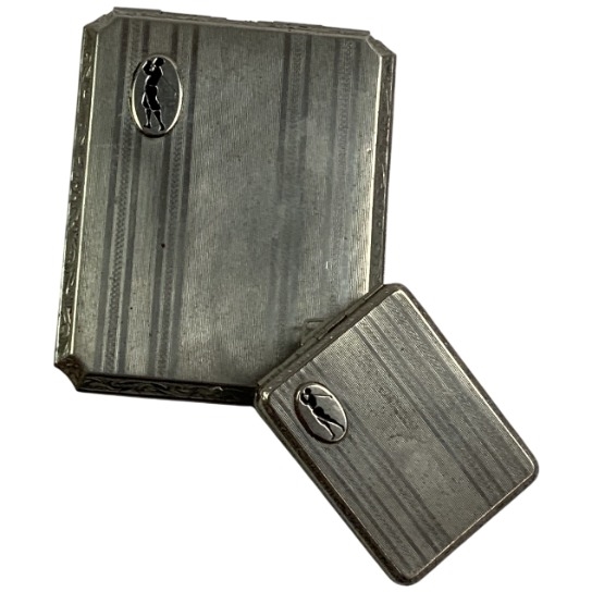 Vtg. Pair of Matching MS Rodenberg Co Art Deco SilverTone Golf Themed Cigarette & Match Safes