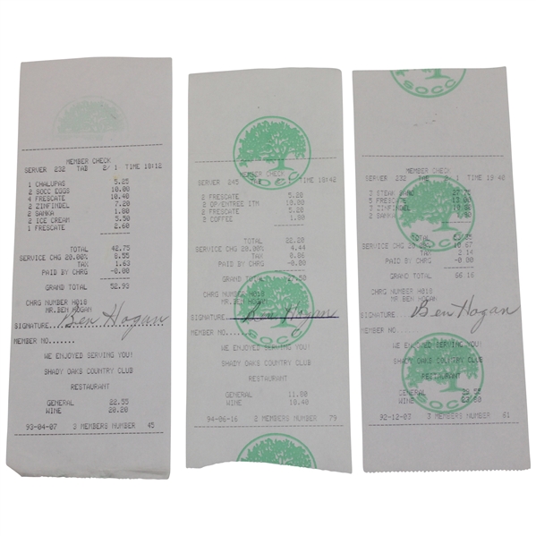 Three (3) Ben Hogan Signed Shady Oaks Country Club Receipts JSA ALOA