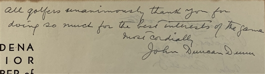 Craig Wood, Horton Smith, Ralph Guldahl & Field Signed 1933 Pasadena Open Letter to Founder Arthur K. Bourne Featuring Nine Hall of Famers! JSA ALOA
