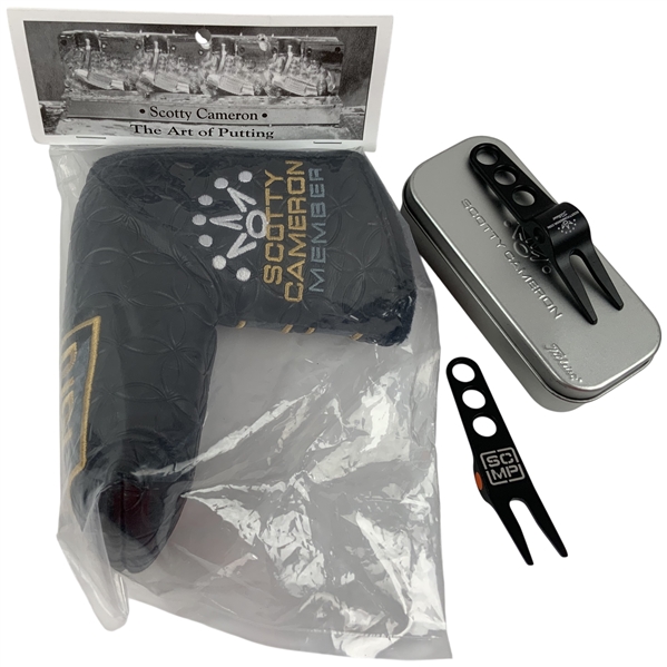 Collection of Scotty Cameron Golf Accessories Including 2020 Club Cameron Member Headcover and Studio Design Pivot Tools