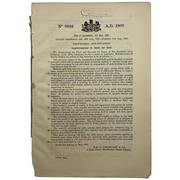 De Pont, Alexandre and Silvius. Improvements in Balls for Golf. British Patent No. 8816. HMSO, 1895.