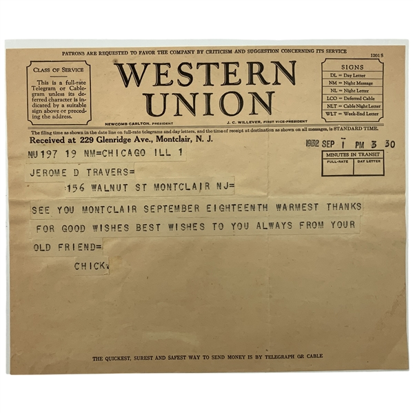 Chick Evans 1932 Western Union Telegram to Jerome D. Travers (1912 USGA Amateur Final Pairing)