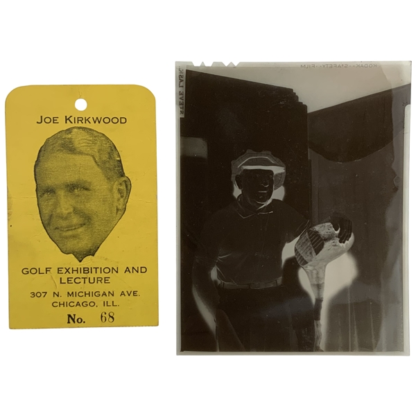Two Joe Kirkwood Golf Memorabilia Items Including Exhibition Tag and Large Format Negative